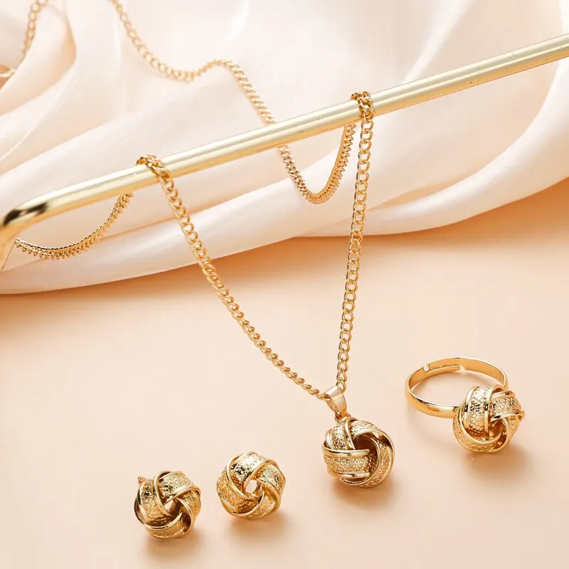 Gold-Color Ball Shape Jewelry Sets Copper Trendy Fashion Style Adjustable Chain Rings Necklace For Woman On Party Wedding