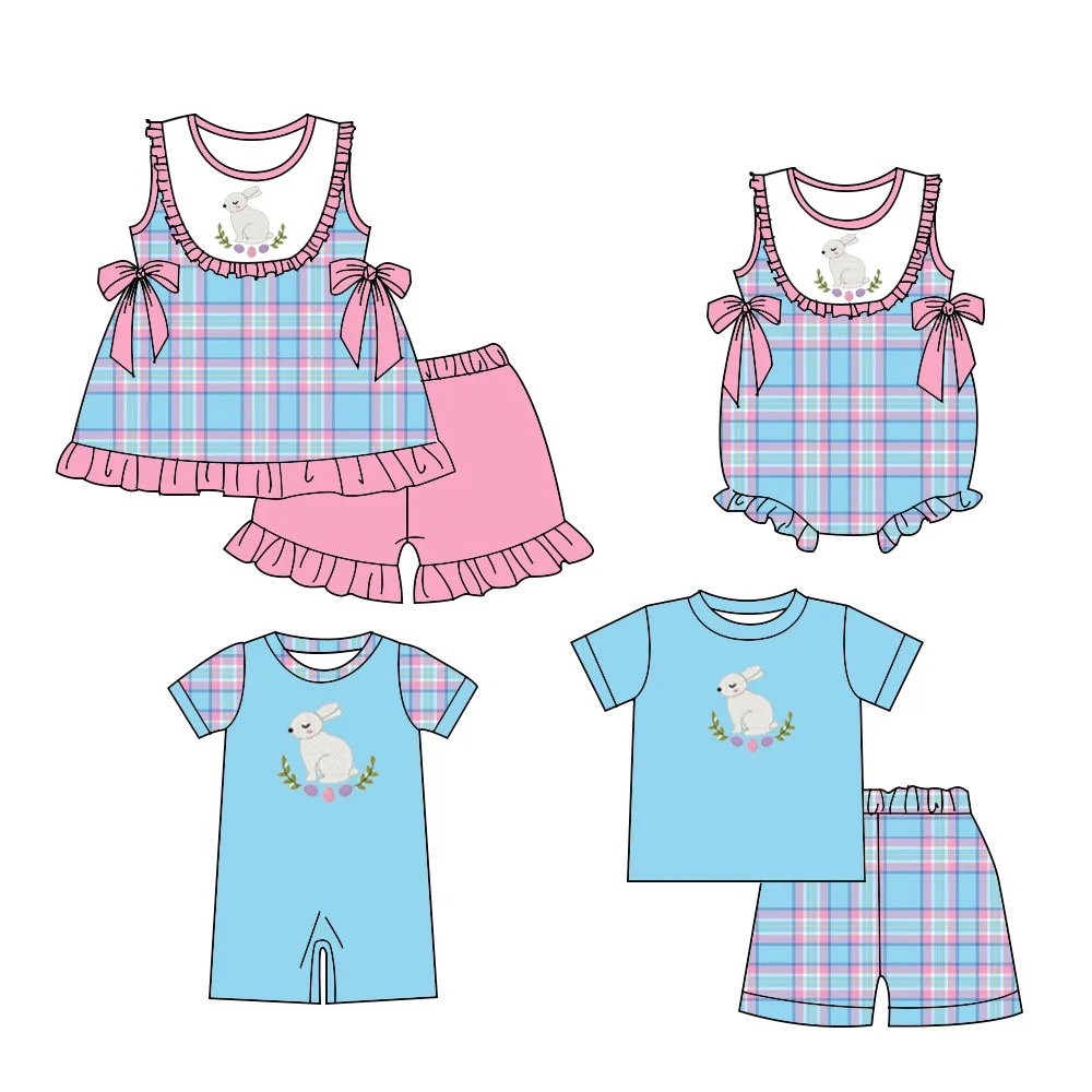 

New fashion Easter Clothes for boys and girls Short sleeve series suit Rabbit print Blue and pink plaid fabric