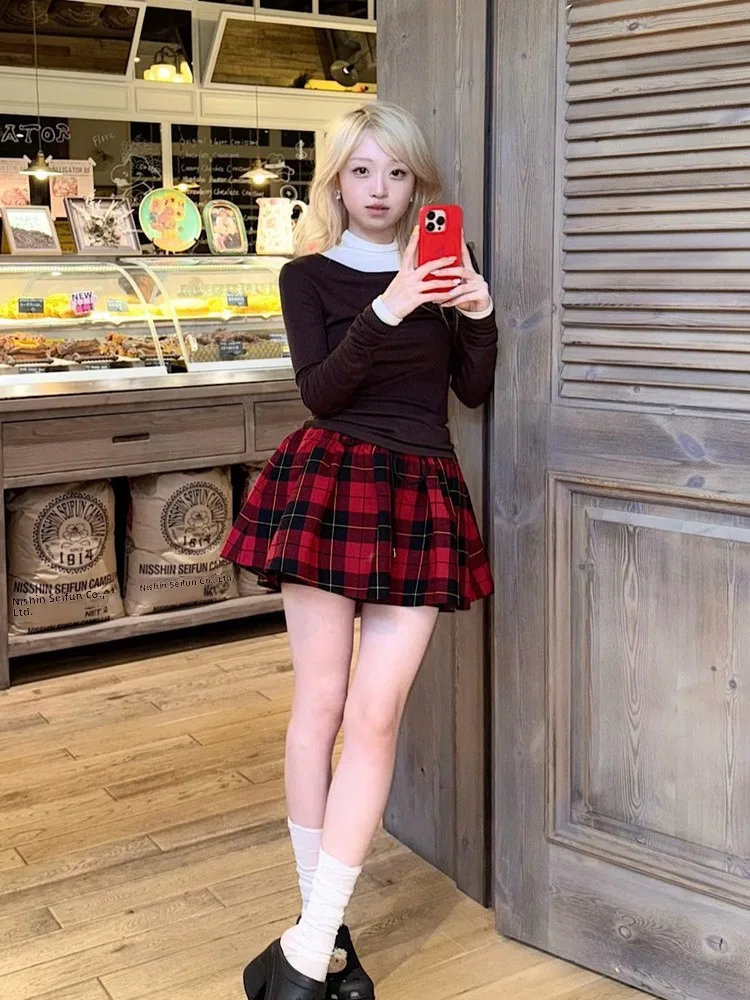 

Cisas Special Red Plaid Sweet School Sle Pleated ort Skirt Women High Waist Slimming A-Line Skirt Cotton Casual