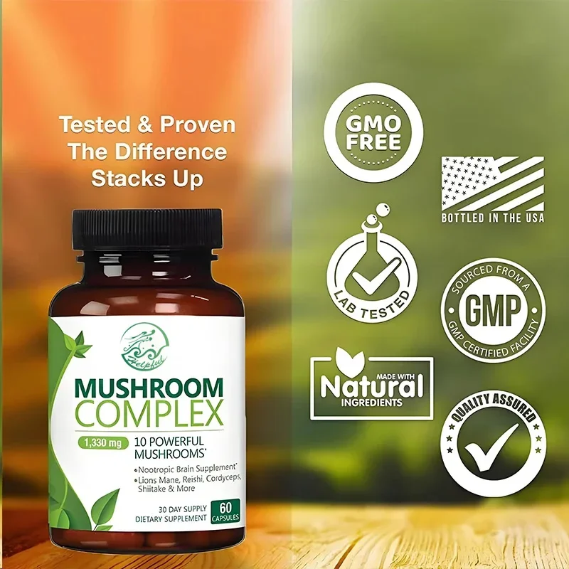 

10 смесей грибов — Lion Mane, Lingzhi, Turkey Tail, Cordyceps и т. д. - Память, Фокус, Поддержка здоровья при иммунитете