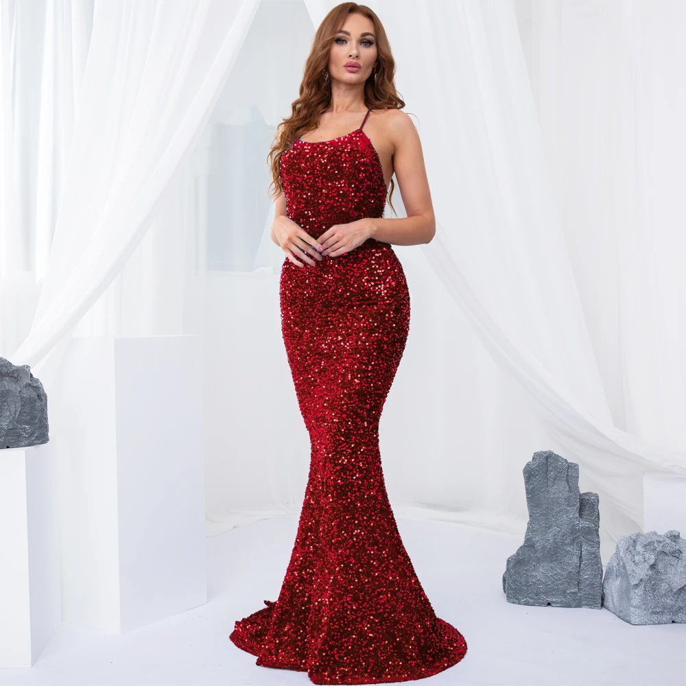 

Sequin Backless Stretch Cross Strap Maxi Dress Evening Party Dress Blue Red Green