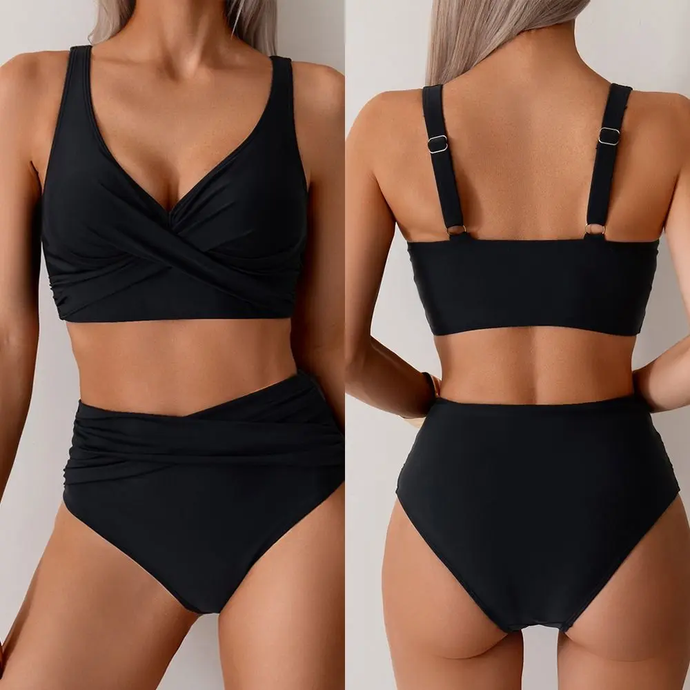 2Pcs/Set Fashion High Waist Summer Swimwear Cross Push Up Casual Swimsuit Vacation Strapped Bathing Suit for Women Beach