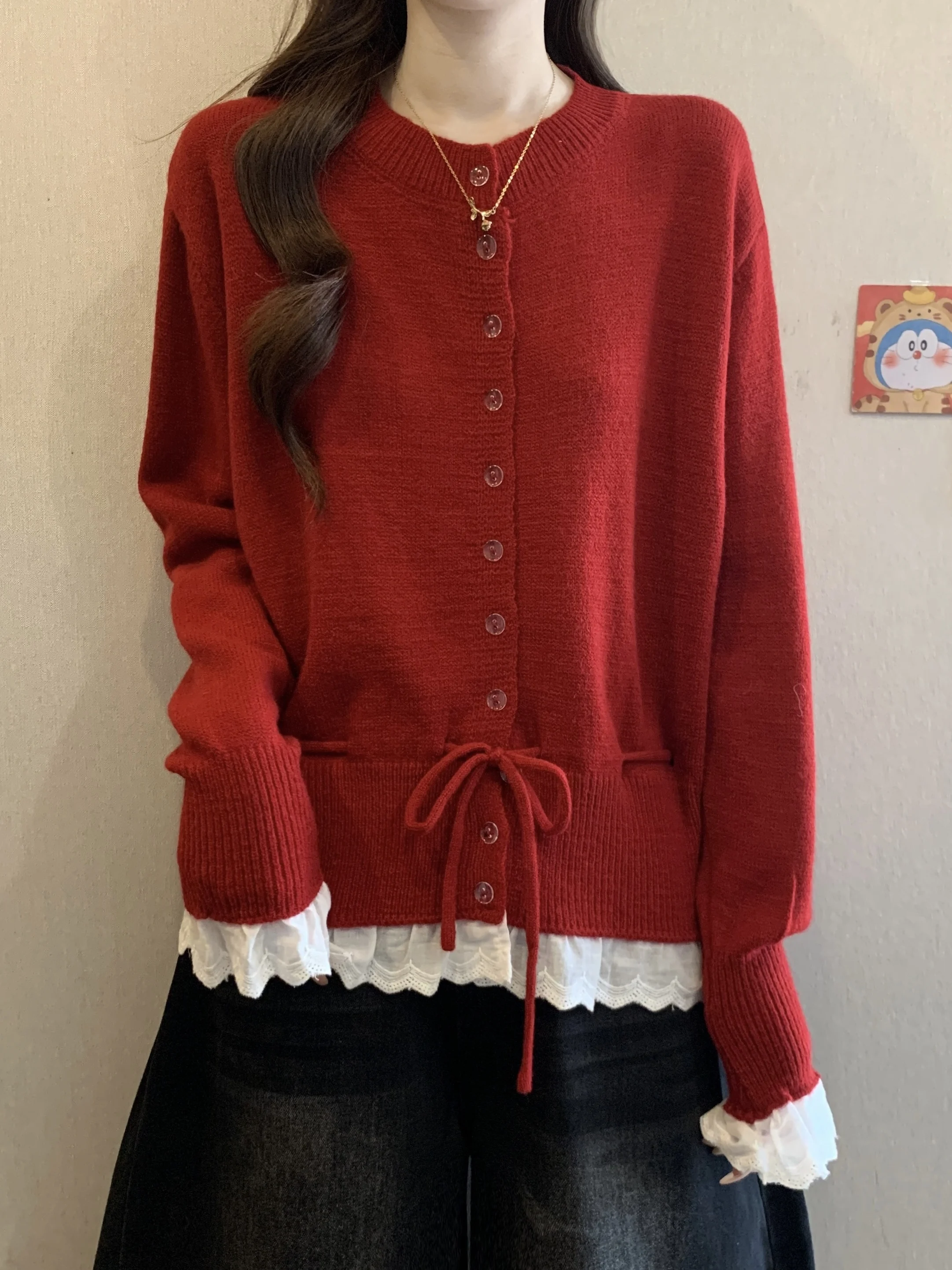 

Red Lace Splice Knitted Sweater Coat Loose Women's Faion Autumn Winter Large Size Casual Breathable Button round Ne Long ...