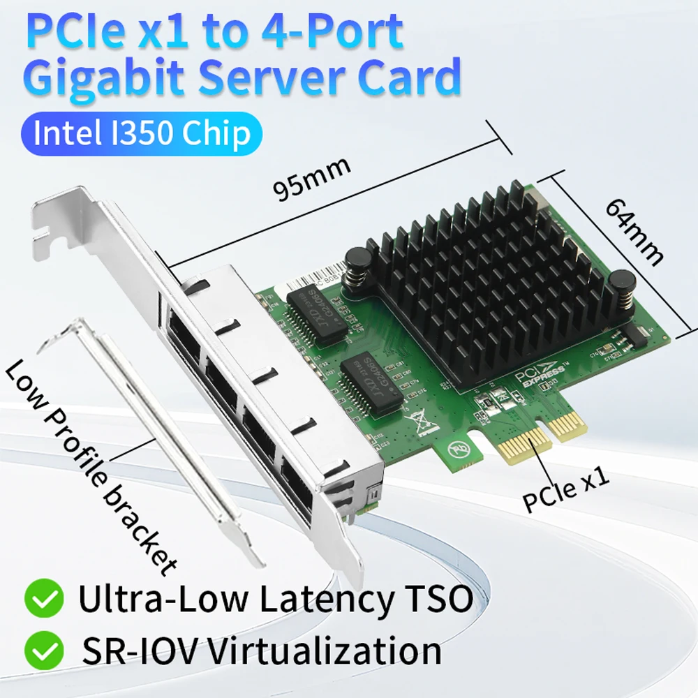 Intel I350-T4 Chip 4 Ports PCIe X1 Gigabit Ethernet Network Card Quad RJ45 Server Internal NIC 10/100/1000Mbps for Desktop PC