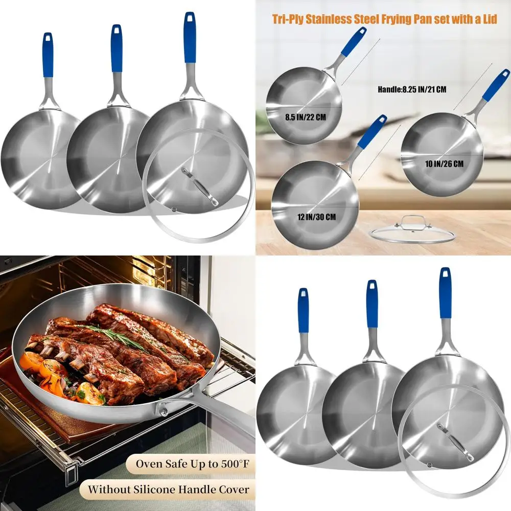 

Набор трехслойных сковородок из нержавеющей стали размером 8,5–10–12 дюймов с крышкой, сковородой, готовым к индукции, безопасным для духовки и посудомоечной машине, съемной ручкой