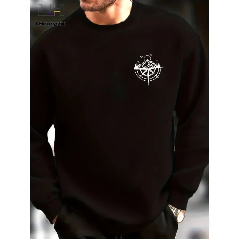 

Мужская осенне-зимняя повседневная свободная модная классическая толстовка с круглым вырезом и принтом «Компас и горы»