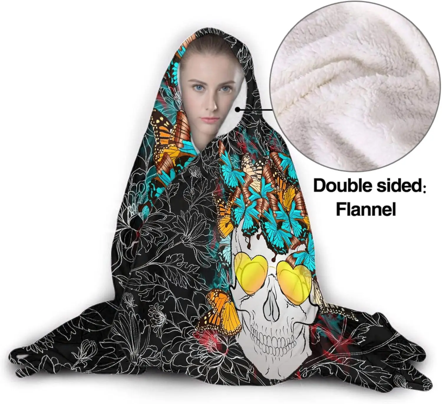 Skull and Butterfly Hooded Blanket, Good Gift Choice, Lightweight Flannel Soft and Cozy Suitable for Sofa, Living Room