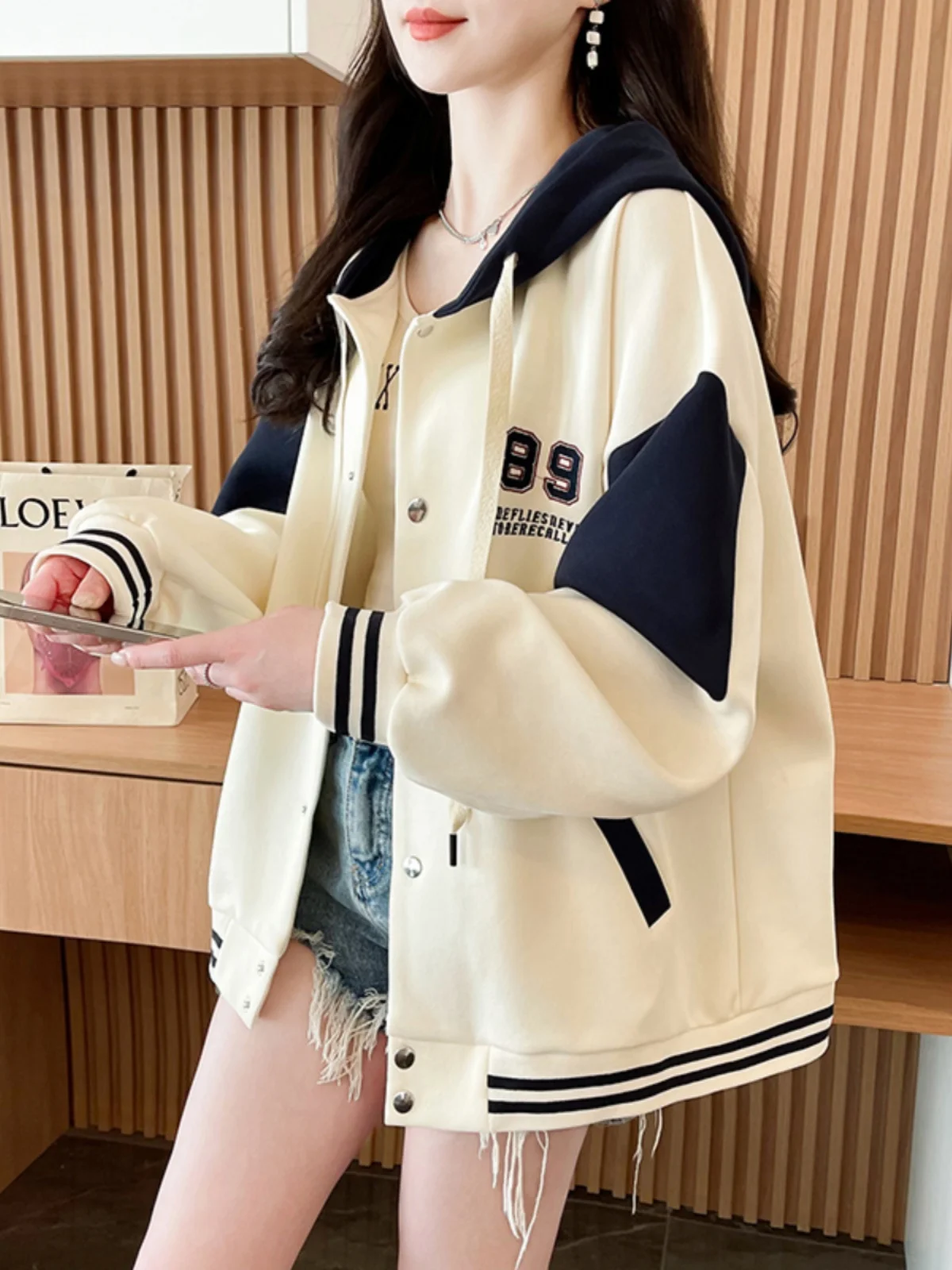 American Retro Casual Baseball Uniform Spring Autumn Fashion Letters Numbers Loose Fit Hoodie Color Blocking Hooded Outerwear