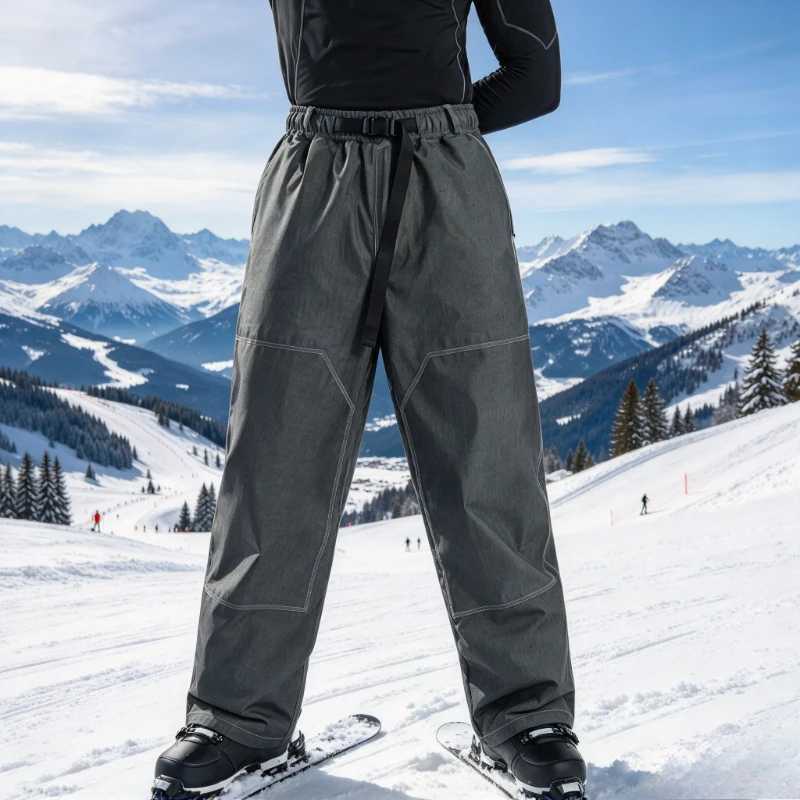 Dollplus Wear Resistant Ski Pants Men's Loose Snow Sportswear Denim-like Waterproof Warm Winter Snowboard Trousers Baggy Clothes