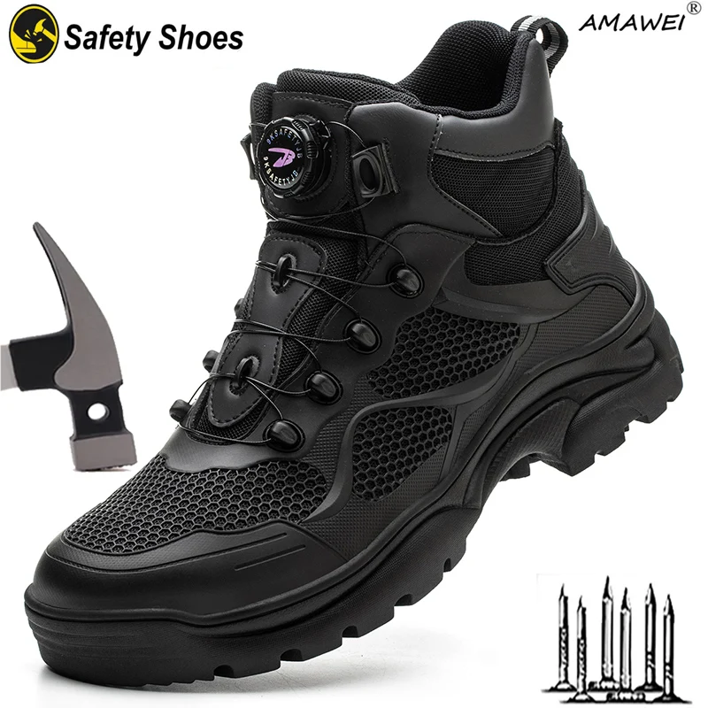 AMAWEI Rotating Button Safety Shoes Men Work Sneakers Indestructible Shoes Puncture-Proof Protective Shoes Work Boots Steel Toe