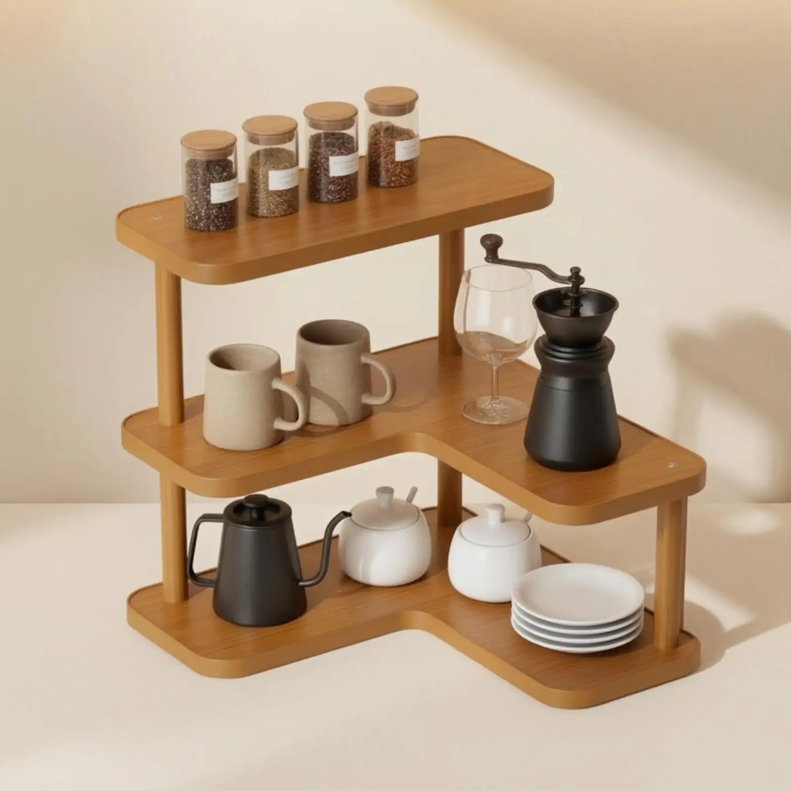 Tiered Bamboo Shelf Organizer for Kitchen Cabinet Counter Display Rack with Open Access Storage for Small Spaces