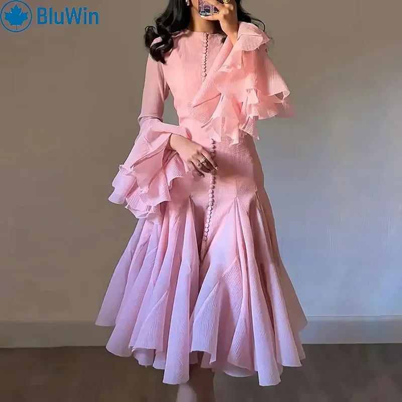 فستان BluWin 5 ألوان 2025 متوسط الطول مكشكش برقبة عالية - فستان صيفي أنيق بأكمام طويلة وخصر للنساء