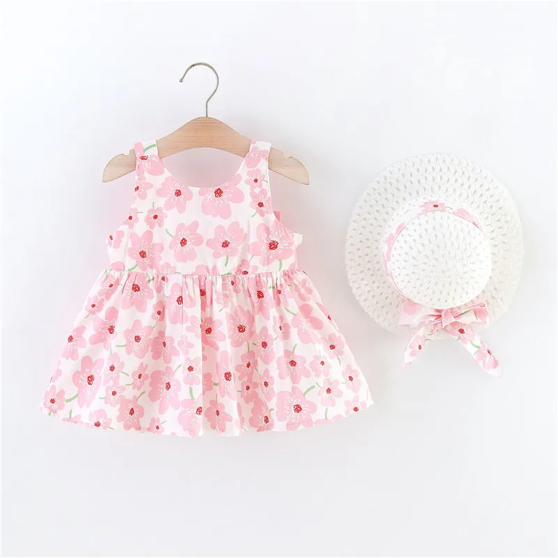 2Pcs Summer Girls New Dress Sweet Sleeveless Small Flower Print Big Bow Cotton Cloth Skirt Suitable for 0-3 Years Old