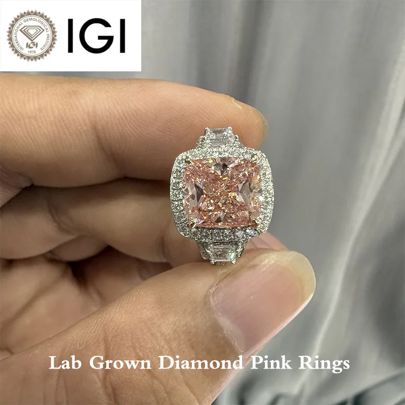 

3CT Необычное розовое кольцо CushionCut DEF/VS VVS с выращенным в лаборатории бриллиантом CVD HPHT из 14-каратного золота, обручальное кольцо с сертификатом IGI