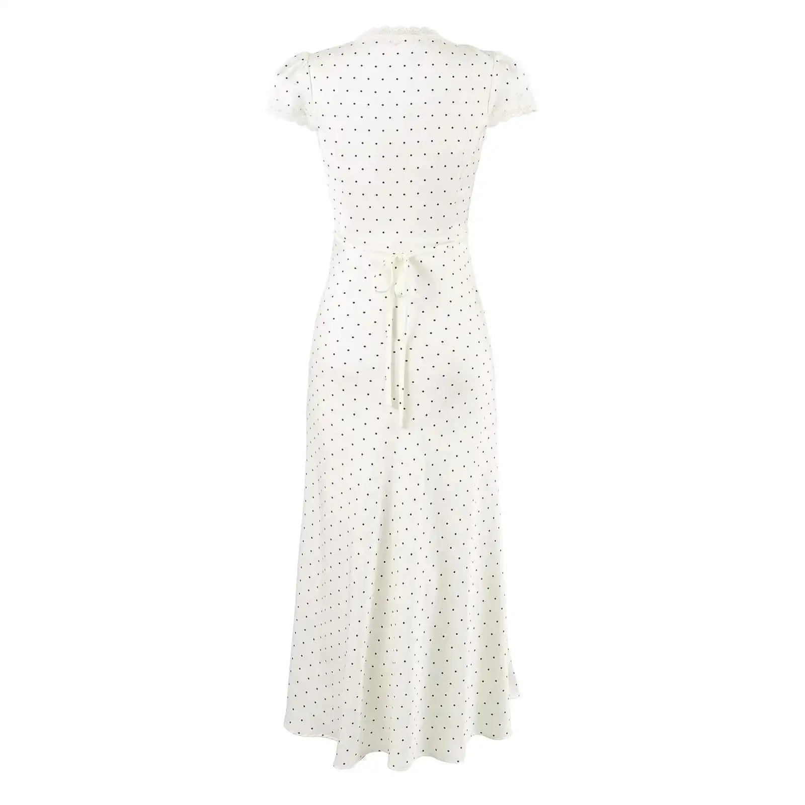 夏 V ネックレース半袖サテンミディドレス女性バック包帯スリムドットプリントドレス