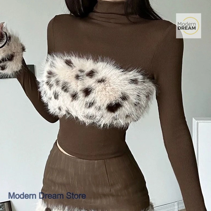 American Spice Girl Temperament Spleißen Leopardenmuster hochgeschlossenes Langarm-T-Shirt weiblicher Frühling neues kurzes Hemd mit Bodenbildung