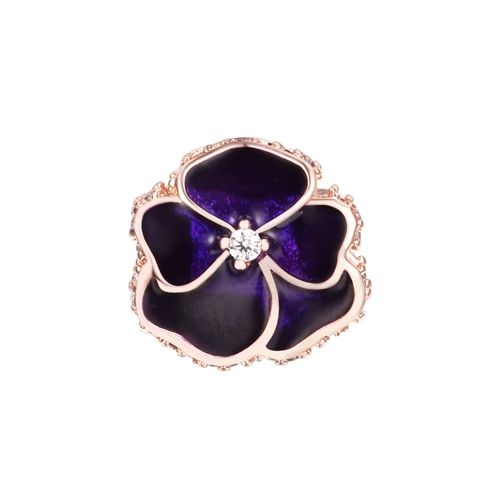 Deep Purple Pansy Flower Charm 2022 Spring Fits Beaded Charms Bracelets Fashion Women DIY 925 Sterling Silver Jewelry