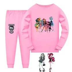 New Summer Monster High Clothes Cartoon Doll Frankie Stein Costume Girls Long Sleeve T Shirt+pants Set Kawaii Kids Pajamas Set