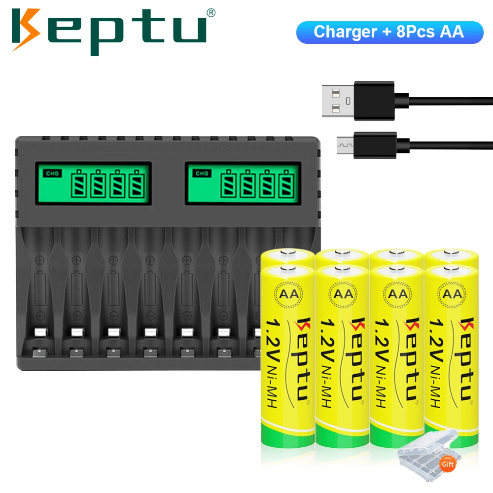 

8pcs KEPTU 2200mAh 1.2V AA Rechargeable NI-MH aa Batteries with 8 Slots LCD Charger