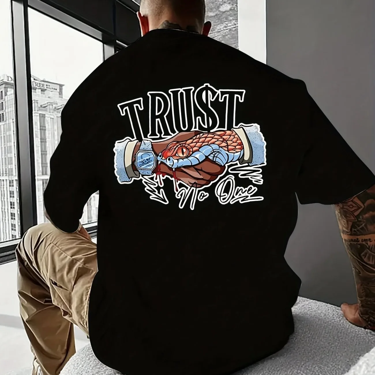 Vibrant Trust No One Graphic Print Short Sleeve T-Shirt  Casual Sporty Fashion Crew Neck Top for Men's Daily