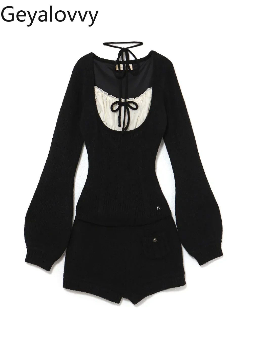 

Japanese Style 2026 Spring New Square Neck Fake Two-Piece Long Sleeve Sweater Top Women + High Waist Knitted Shorts 2 Piece Sets