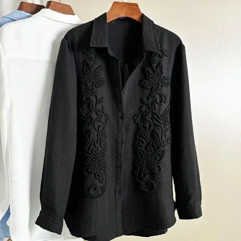 Camicia casual ampia ricamata per l'industria pesante Top bianco di media lunghezza stile pigro