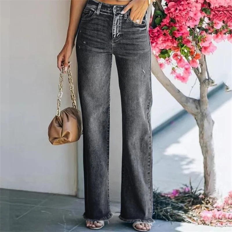 Frauen gebrochene Löcher Micro Flare Jeans weibliche bequeme lässige Jeans hose mit mittlerer Taille wasch bare Hose mit weitem Bein Trend Streetwear