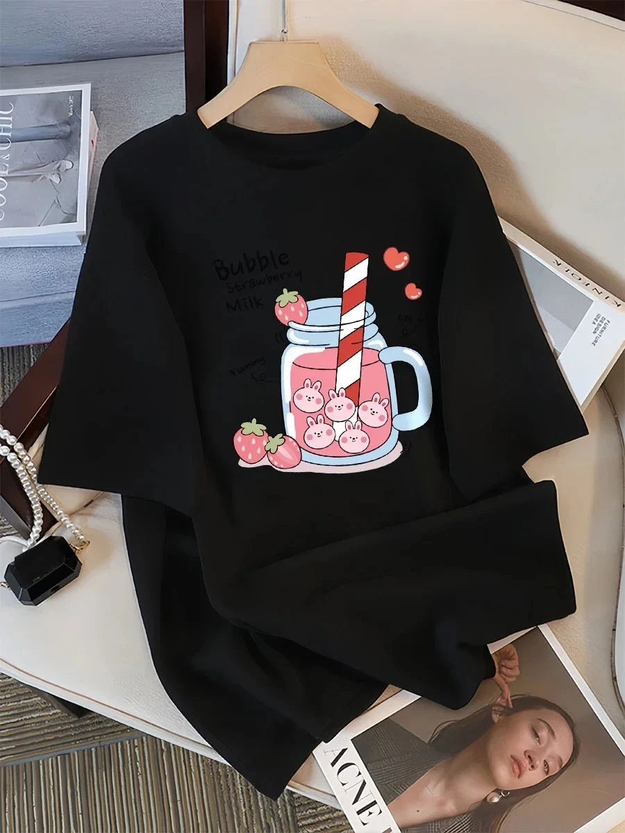 Delicious Strawberry Drink Print Y2K Summer Breathable Sports Women Casual T‑Shirt Short Sleeve Trendy Daily Outfit