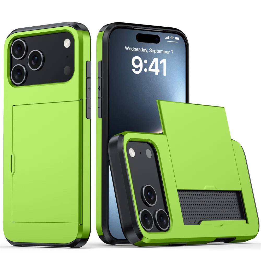 Robuste Handyhülle für iPhone 18 17 16 Plus 15 Pro 15 14 13 12 11 Pro Max mit Brieftaschen-Kartenhalter und Schiebeverschluss aus hartem PC-Schutzmaterial – Detail 12