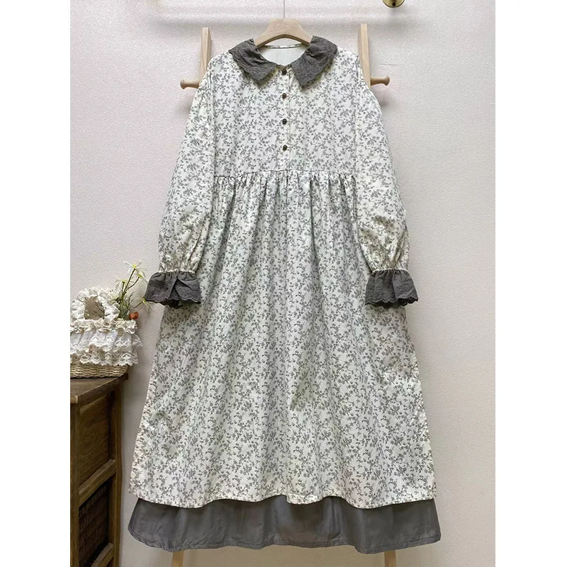 Johnature Mori Women Sweet Floral Dresses For Women 2025 New Loose Cotton Linen Turn-collar Collar Patchwork Casual Dresses