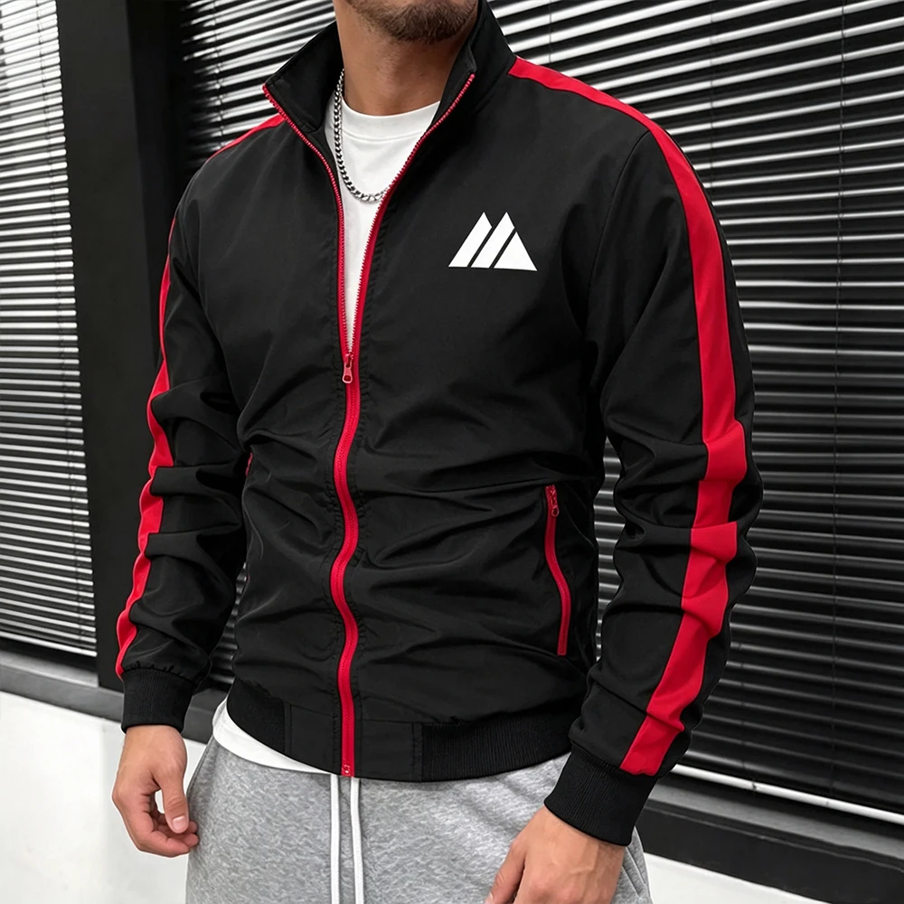 Mens Stand Collar Full Zip Track Sport Jacket Triangle Mountain Print Full Zipper & Side Stripes Casual Streetwear Running Tops