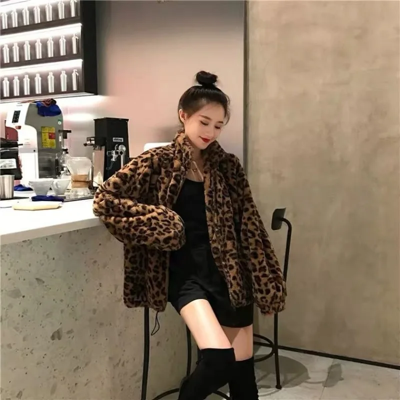 Women's Models Autumn Winter Coat Plush Leopard Plus Velvet Thickened Warm Retro Simple Comfortable Advanced New Niche Versatile
