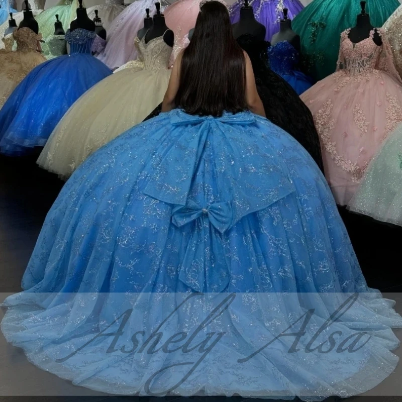 Customized Ice Blue 15th Girl Quinceanera Dresses Bow Sheer Ball Gown Birthday Party Prom Dress Women Vestidos 15 De XV Años