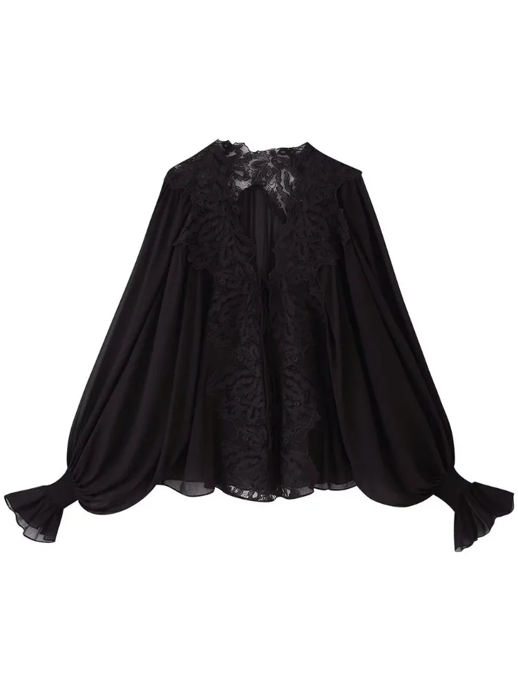 HH Women Elegant Black Lace Chiffon Blouse Long Sleeve Sheer Shirt Romantic Vintage Style Top for Women Autumn Evening Wear