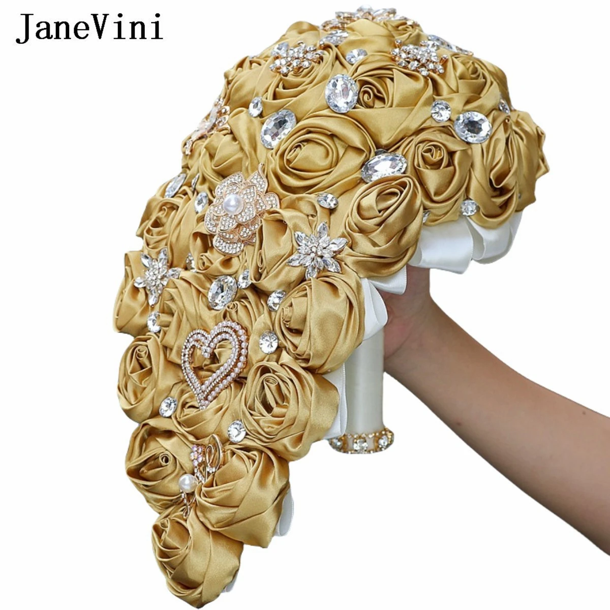 JaneVini Luxurious Gold Waterfall Wedding Bouquet for Bride Bridesmaid Bling Rhinestone Crystal Cascading Bridal Satin Flowers