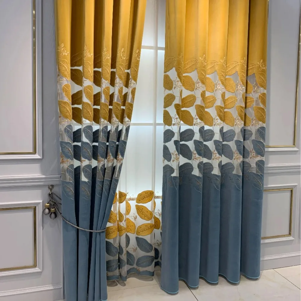 Nordic Luxury Golden Leaf Semi-Blackout Curtain for Living Room Villa Bedroom Hollow-Out Velvet Embroidered Window Drapes