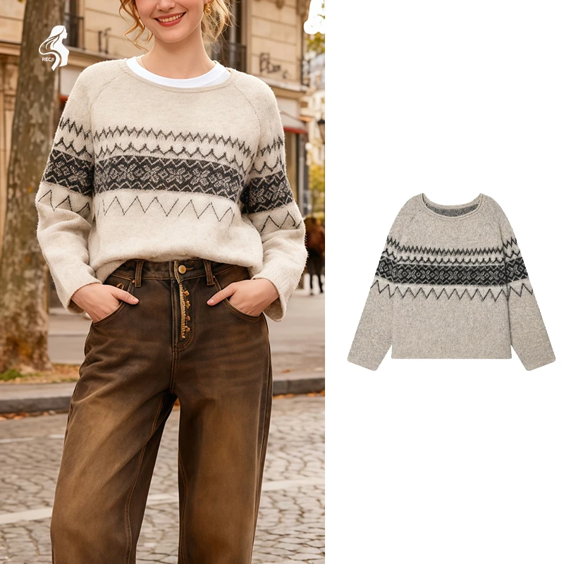 

Fashionable Womens Ombre Jacquard Knit Sweater Crew Neck Long Sleeves Versatile Knitwear For Everyday Casual Wear Trafizaran