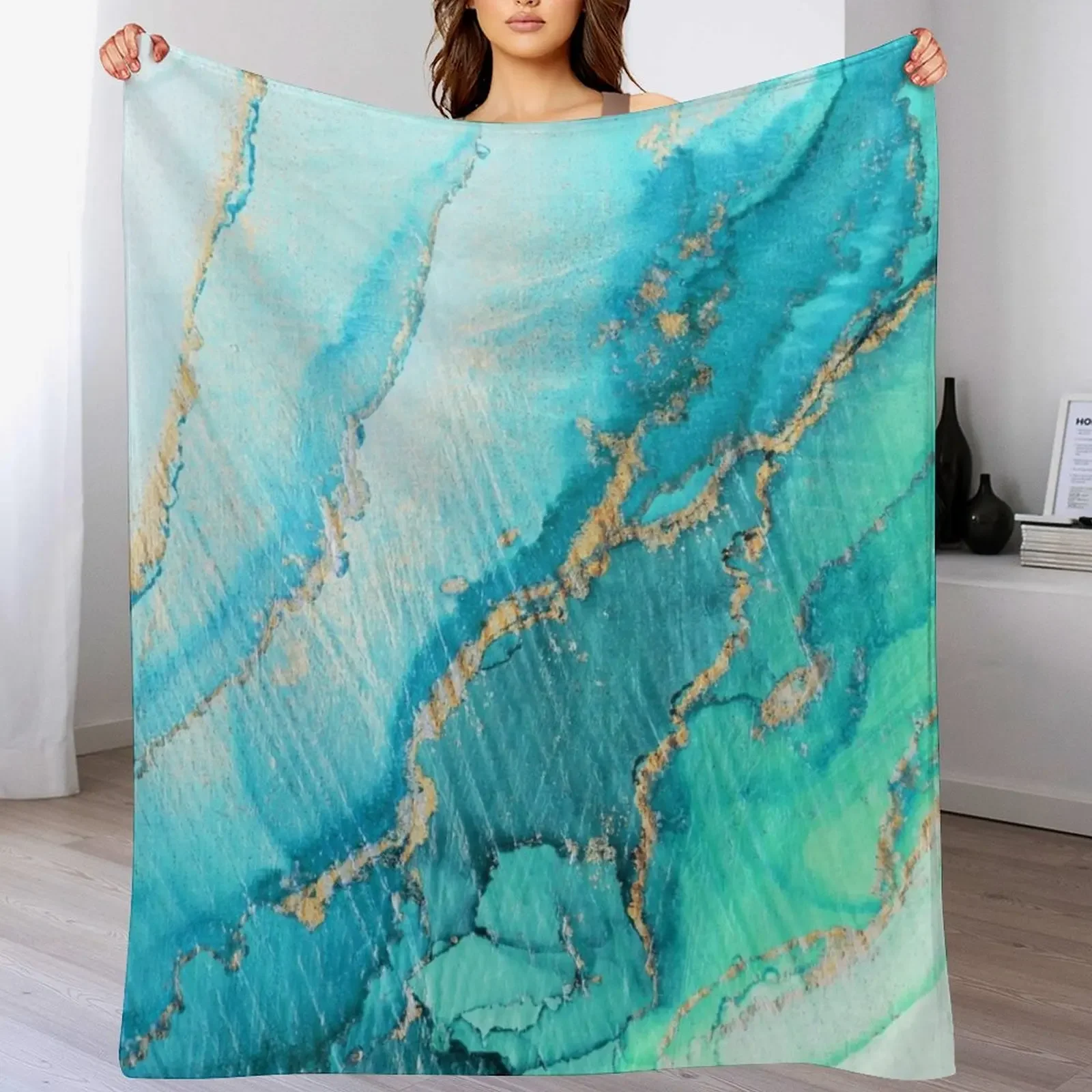 

New Turquoise Aqua Gold Ocean Throw Blanket Personalized Gift Multi-Purpose Softest Summer Beddings Blankets