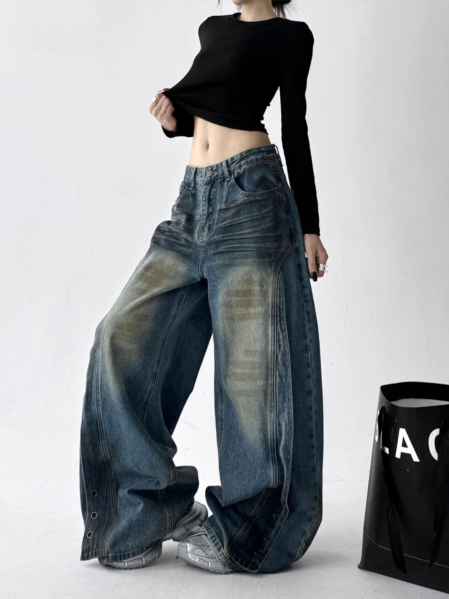 

Синие женские джинсы с высокой талией и тяжелой талией, широкие брюки для уличных танцев, эластичные брюки из смеси хлопка в стиле ретро