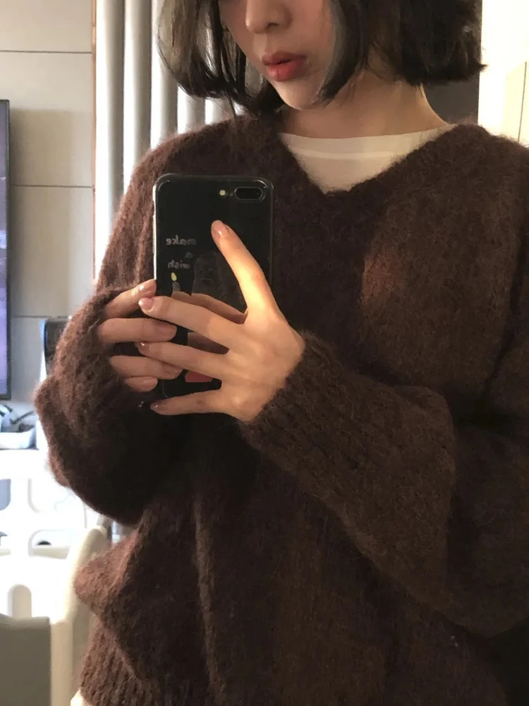 

Soft Fluffy Loose Women's Knitted Sweater V-Ne Sle Multi-Color Lazy Gentle Top Girls Winter Faion 2025