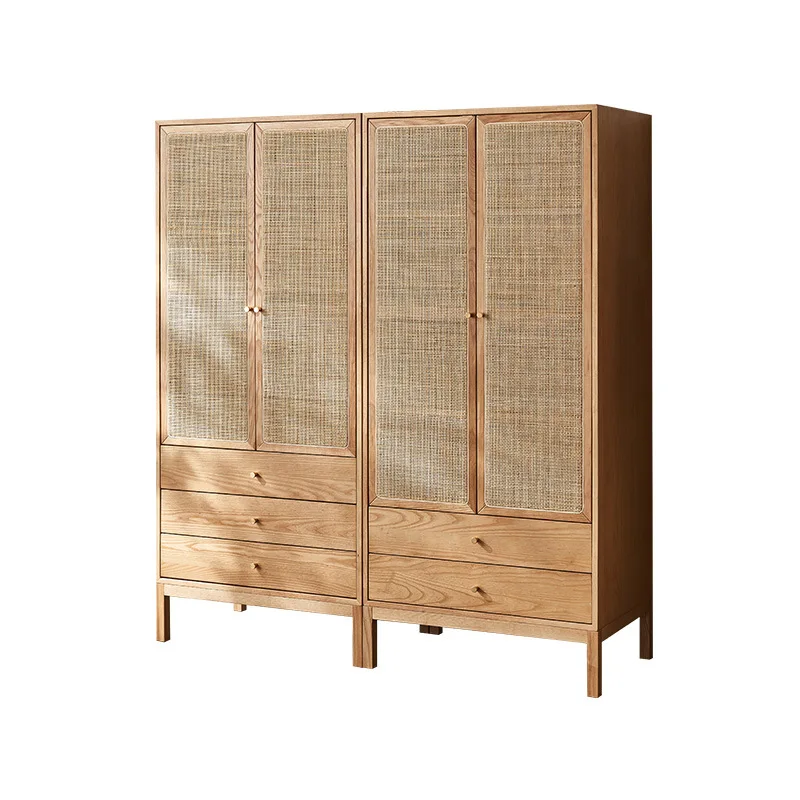 

Medieval solid wood rattan wardrobe, simple two-door storage locker, small apartment household wabi-sandy coat cabinet