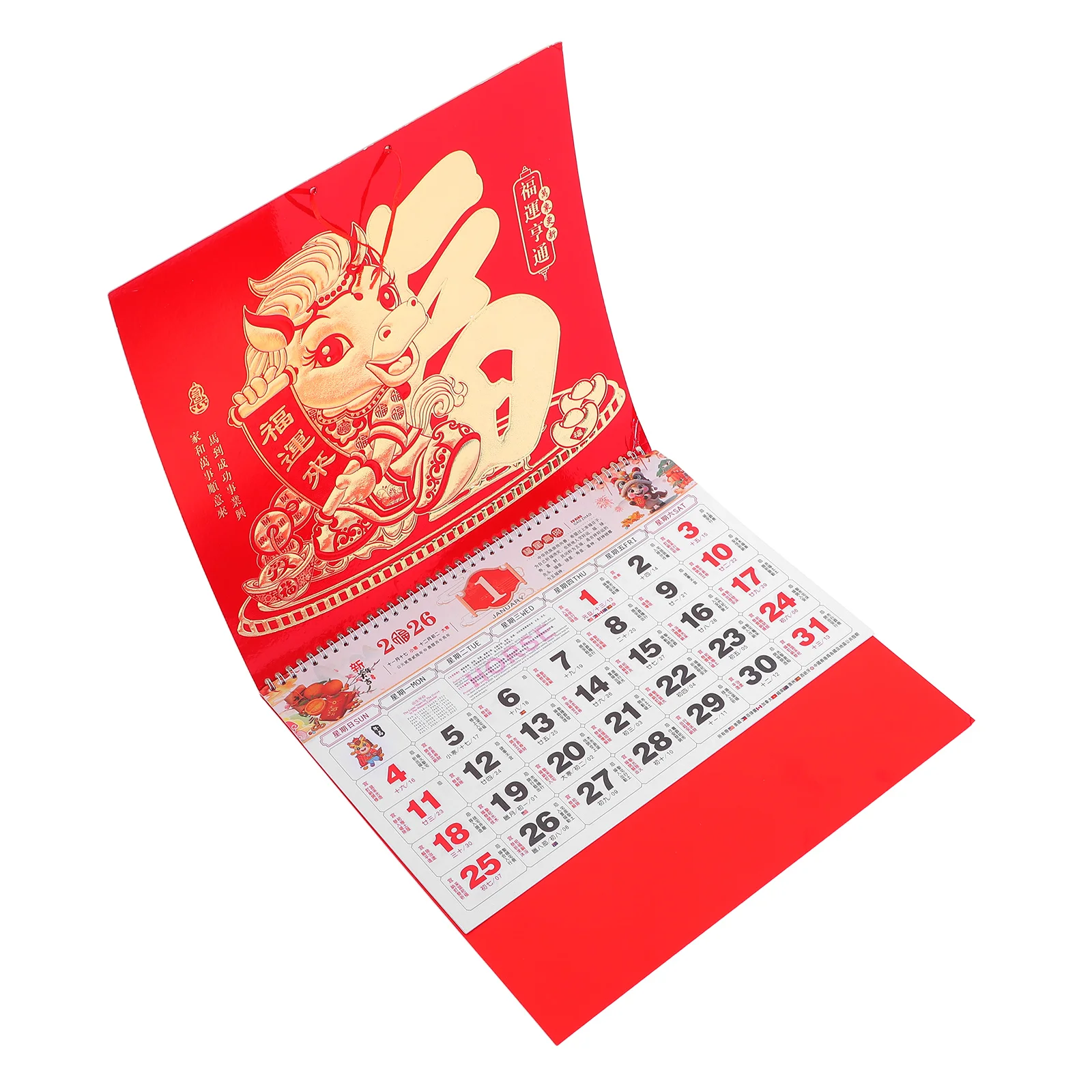 

Horse Year Gold Foil Calendar Chinese for Office Hand Torn Wall Decoration Red Lunar New Zodiac