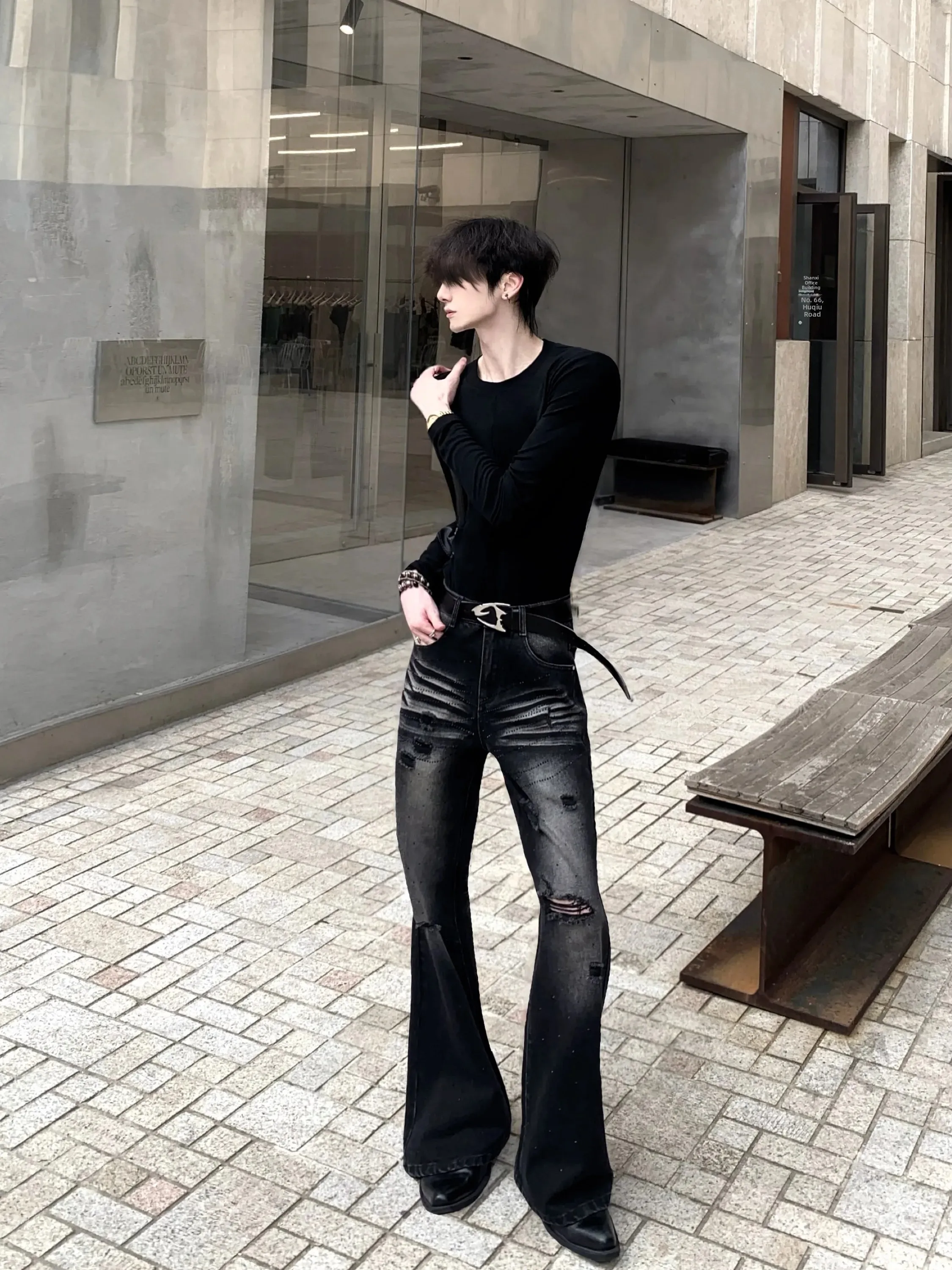 High Waist Men's Black Denim Jeans Washed out Micro Flared Pleated Destructed 's Eye Non-Ironed Treatment Asymmetrical