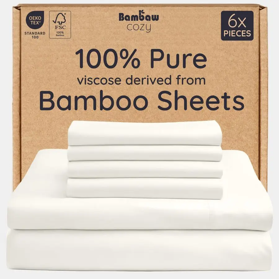 

King Sheet Set 6pcs 100 Viscose Derived from Bamboo Sheets King Deep Pocket, Fits Up to 16 with Elastic Corner Straps, King Cool