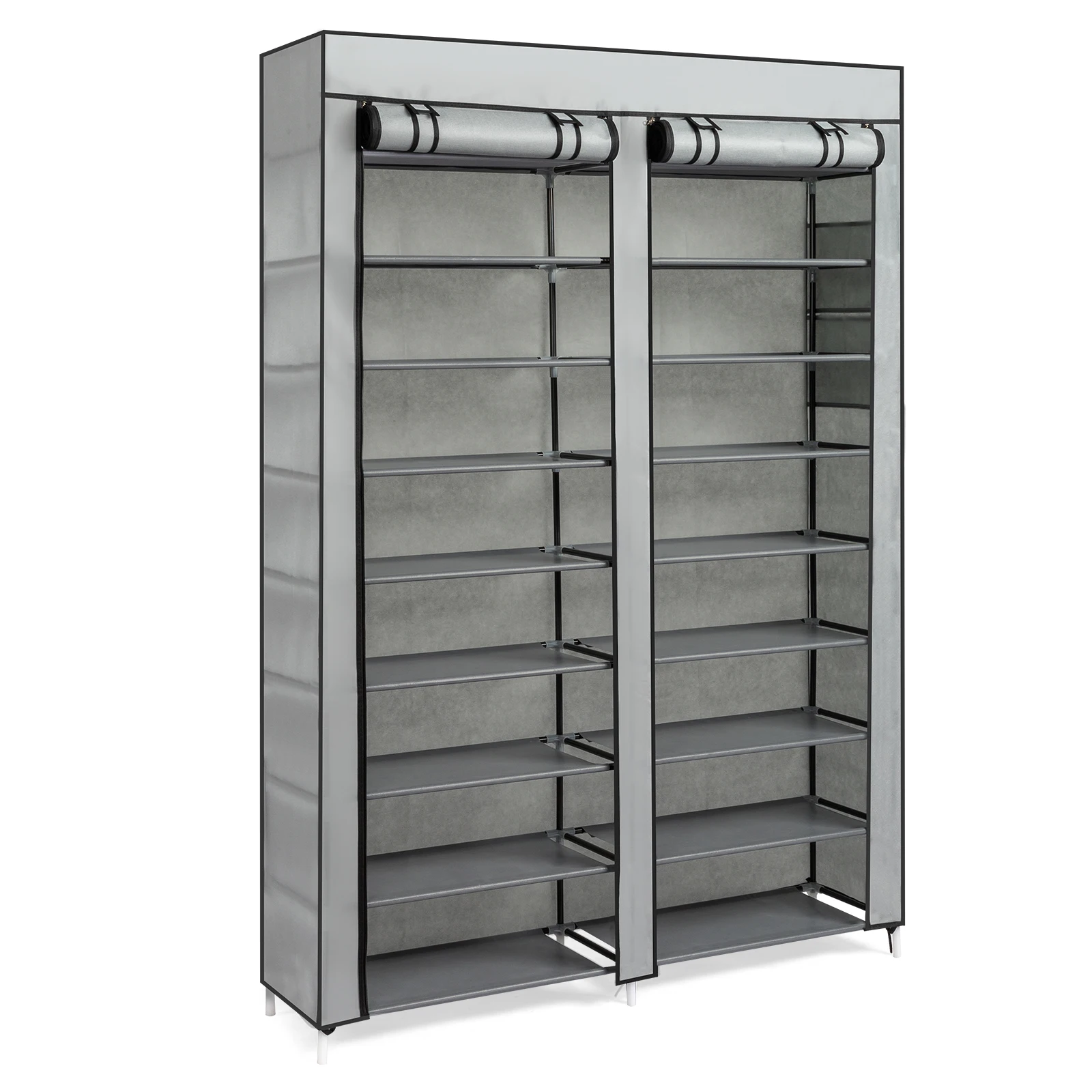 Double Row 10-Tier Non-Woven Fabric Shoe Cabinet with Iron Pipes and Plastic Components,Space-Saving Design, Gray