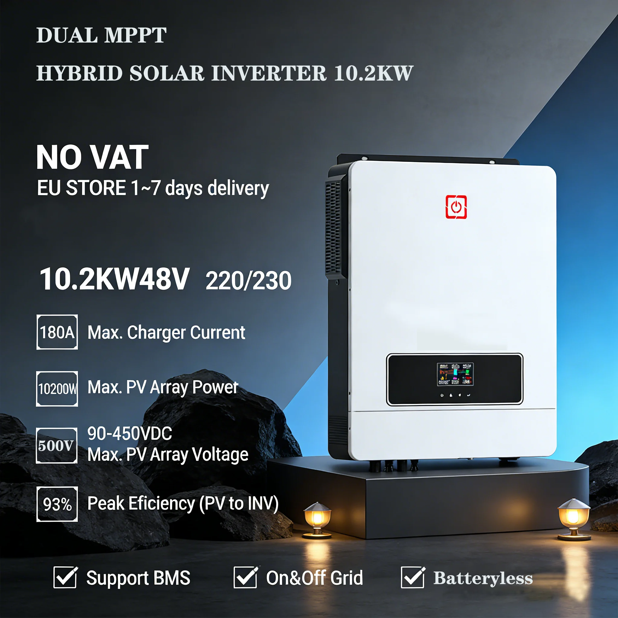 Easun 10.2KW Inverter solare ibrido 10200W 120A Caricatore solare 230VAC Ingresso fotovoltaico 450VDC con doppio Mppt Include Wifi