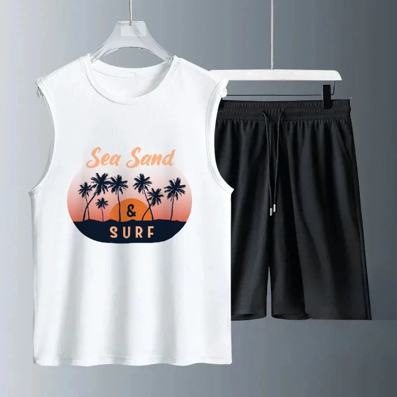 

2025 мужские летние повседневные комплекты с оранжевым принтом заката, повседневная одежда без рукавов, легкие, удобные, модные костюмы, спортивный костюм