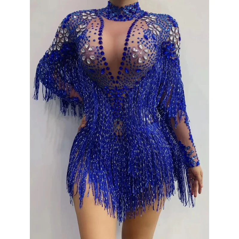 Hot Sale European and American Nightclubs Party Long Sleeve Rhinestone Tassel Bodysuit Costumes