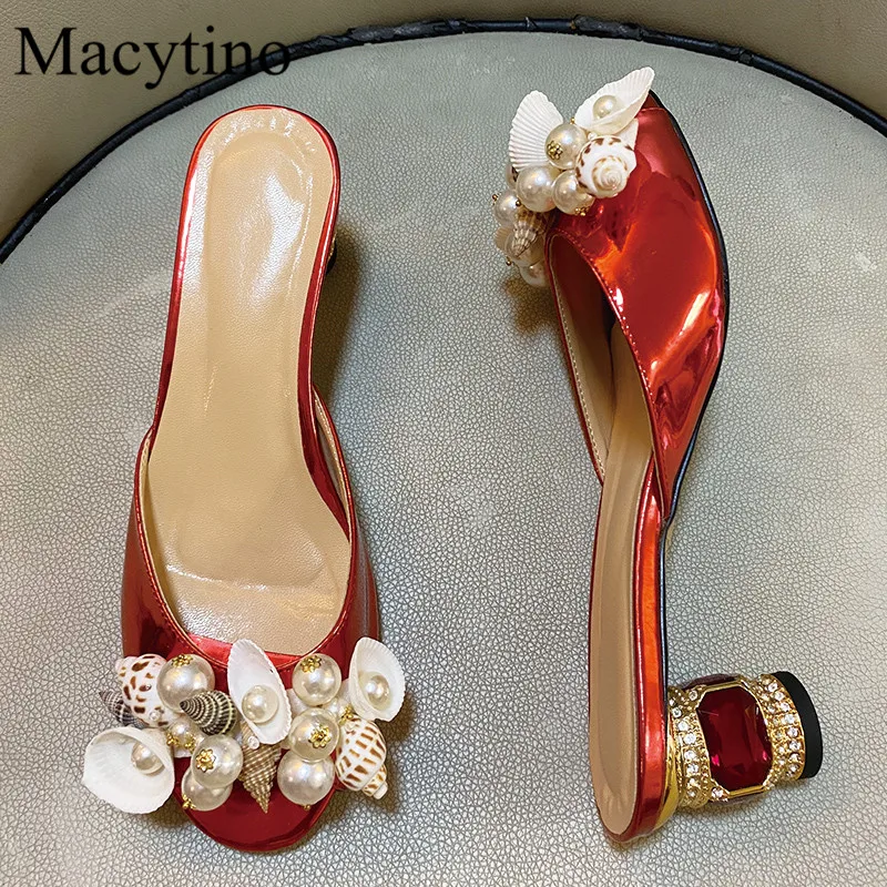 Conch Flower Pearl Decoration Ladies High Heel Slippers Round Toe Drill Heel 6CM Heel Fashion Party Summer Slippers