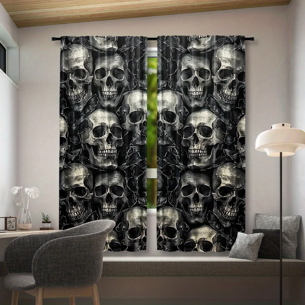 Gothic Skull Print Blackout Curtains for Bedroom Living Room Haunted House Style Window Dressing